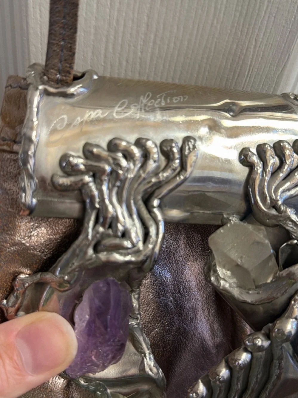 Metallic Bronze Crossbody Bag with Silver Sculptural Accent and Amethyst Details